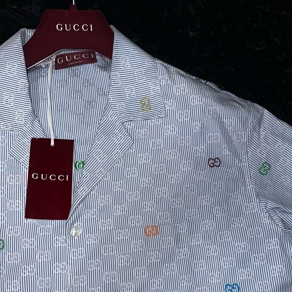 Gucci Blue Striped Short Sleeves Cotton Bowling Shirt